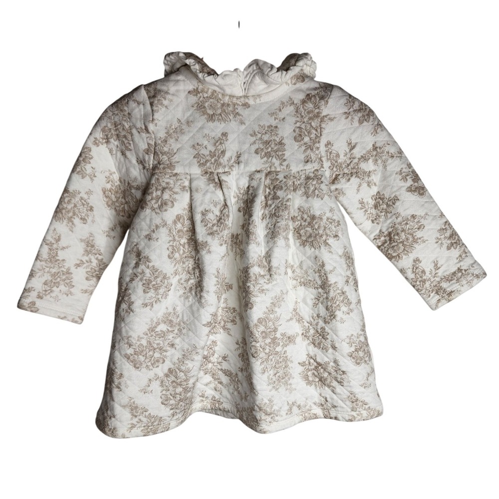 Janie And Jack Quilted Toile Floral Dress 18-24 Months Long Sleeve Cream Tan
